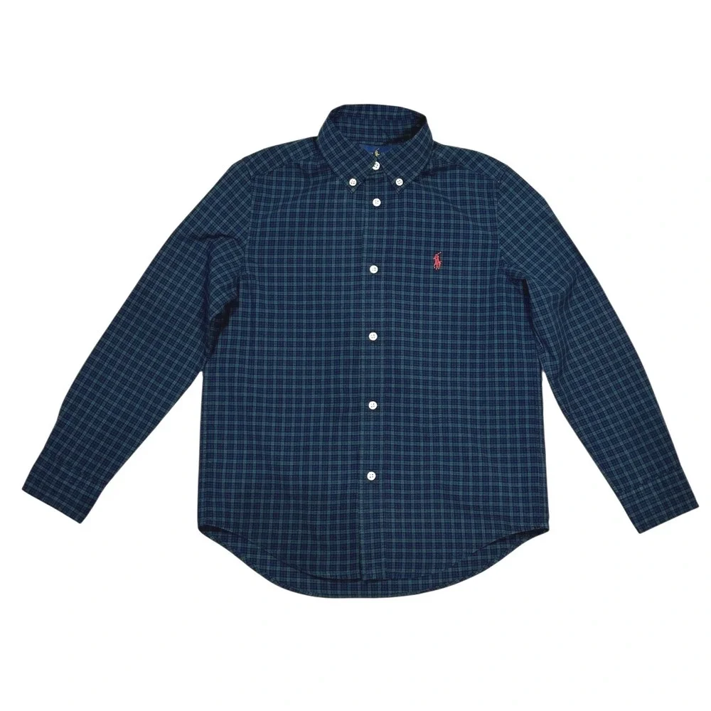 Ralph Lauren Boys Green Blue Plaid Long Sleeve Button Down Shirt Size 7 Red Pony